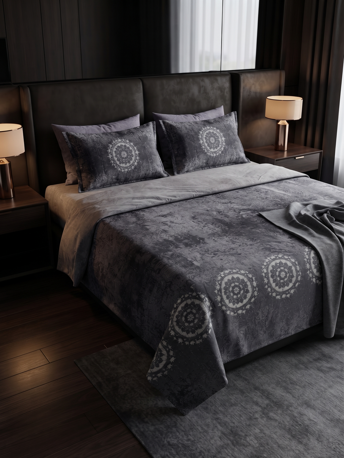 Charcoal Slate Mandala Bedsheet Set – Elegant Indian Heritage Medallion Print with 2 Pillow Covers
