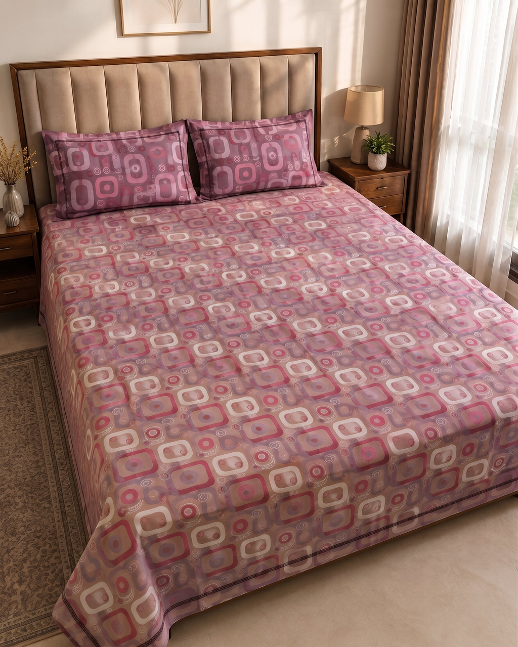 A bed dressed in a pink and purple patterned bedspread and matching pillow shams, styled in a warm bedroom setting with a tufted headboard, bedside tables, and curtains.