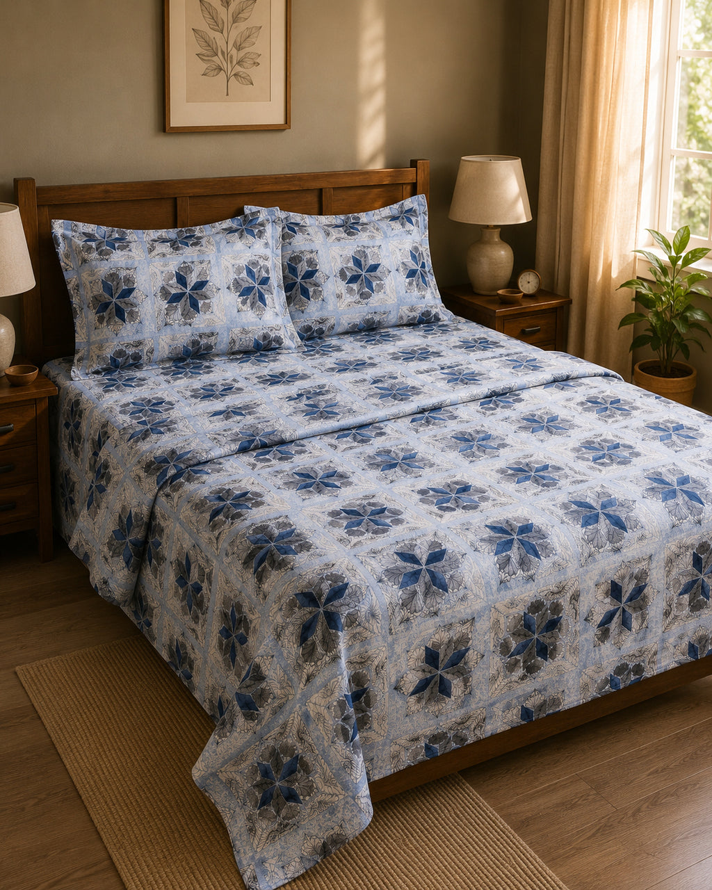A bed dressed in a light blue and white floral-patterned bedding set, including a flat sheet and two matching pillowcases, styled in a warm, sunlit bedroom with wooden furniture and bedside lamps.