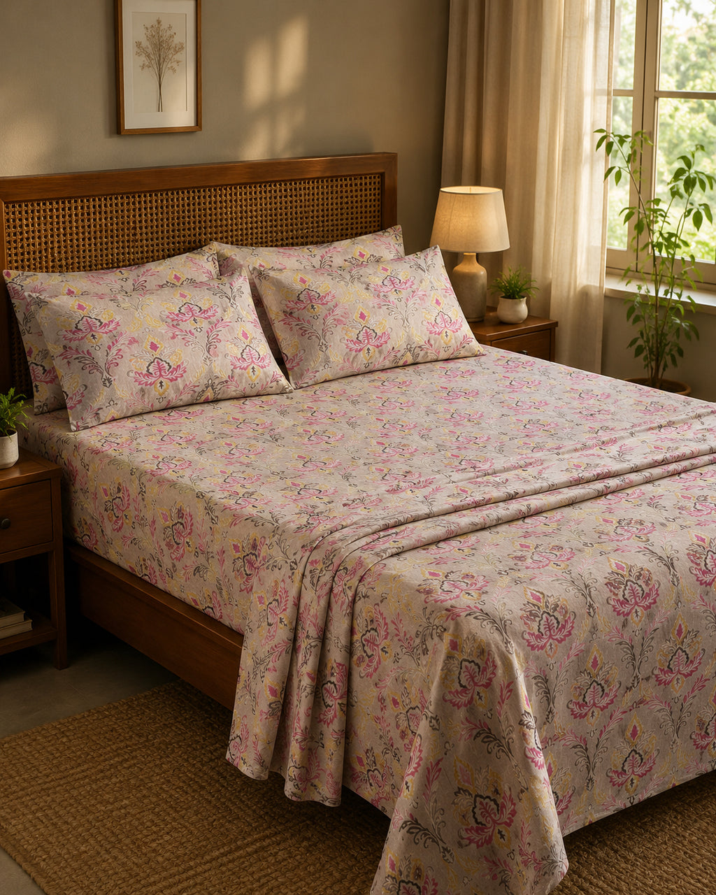Blush Heritage Floral Cotton Bedsheet Set – Vintage Korean Print with 2 Pillow Covers