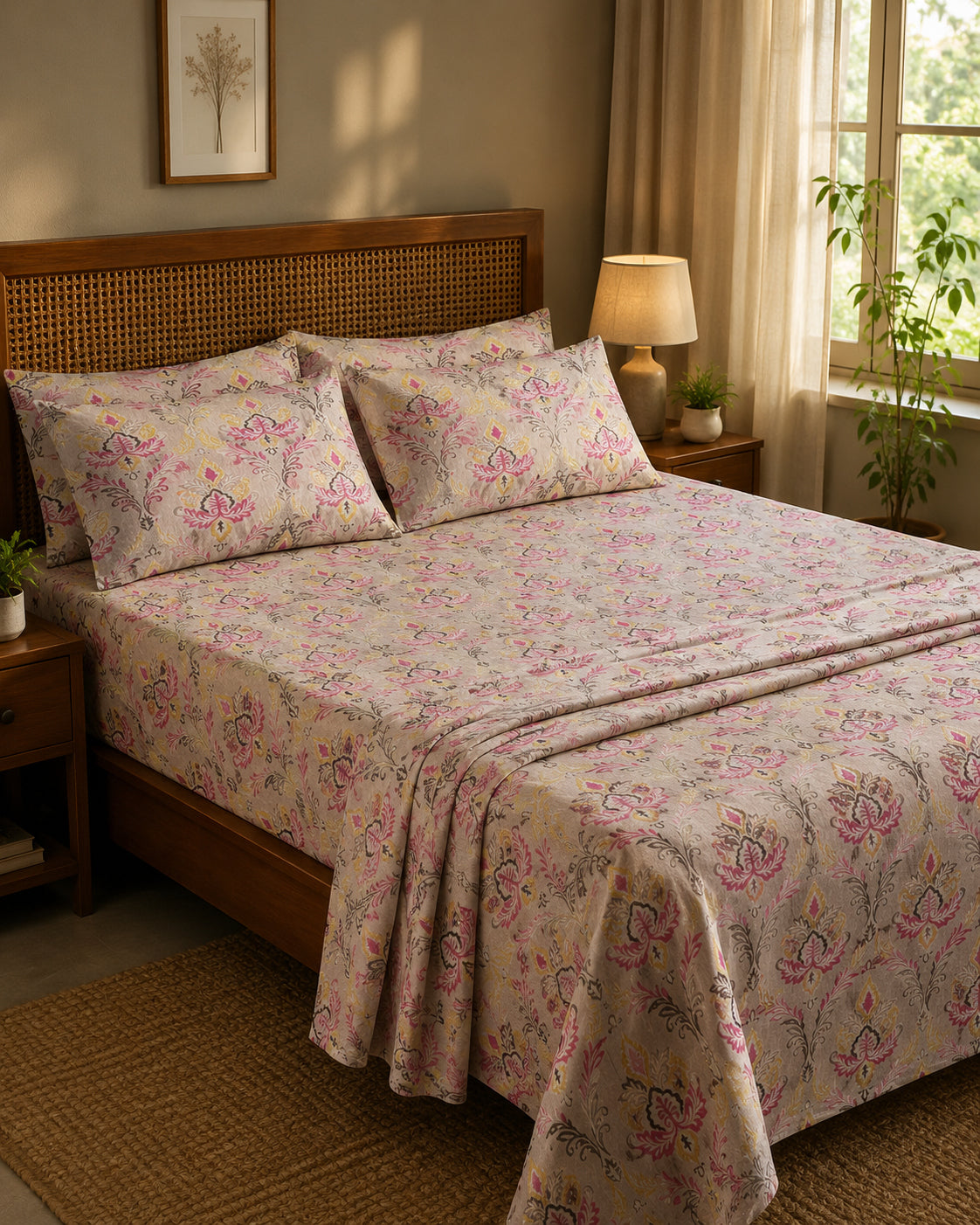 Blush Heritage Floral Cotton Bedsheet Set – Vintage Korean Print with 2 Pillow Covers