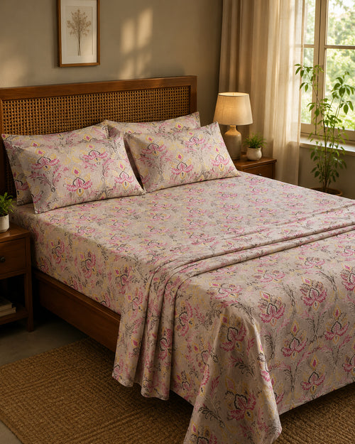A neatly made bed in a warm, sunlit bedroom featuring a beige floral bedding set with pink and green patterns, matching pillows, and a wooden headboard.