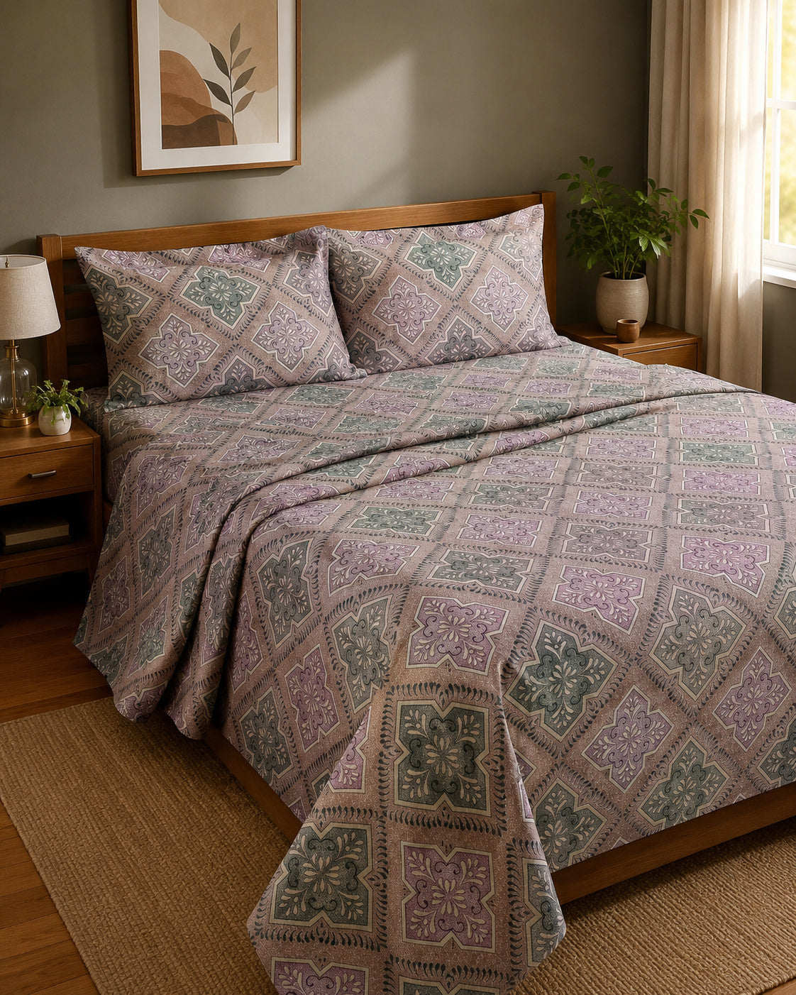 A bed dressed in a patterned quilt and matching pillow shams with a geometric block-print style design in muted purple, sage green, and beige tones, styled in a warm, modern bedroom setting.