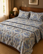 Blue Floral Heritage Bedsheet Set – Elegant Indian Motif Print with 2 Pillow Covers
