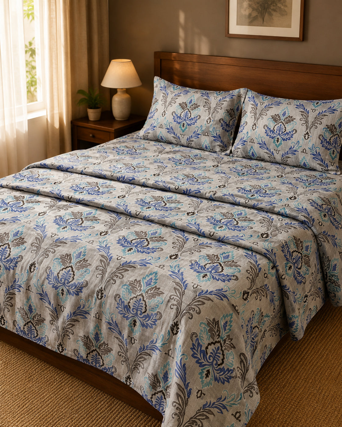 Blue Floral Heritage Bedsheet Set – Elegant Indian Motif Print with 2 Pillow Covers