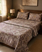Mauve Heritage Floral Cotton Bedsheet Set – Vintage Indian Paisley Print with 2 Pillow Covers