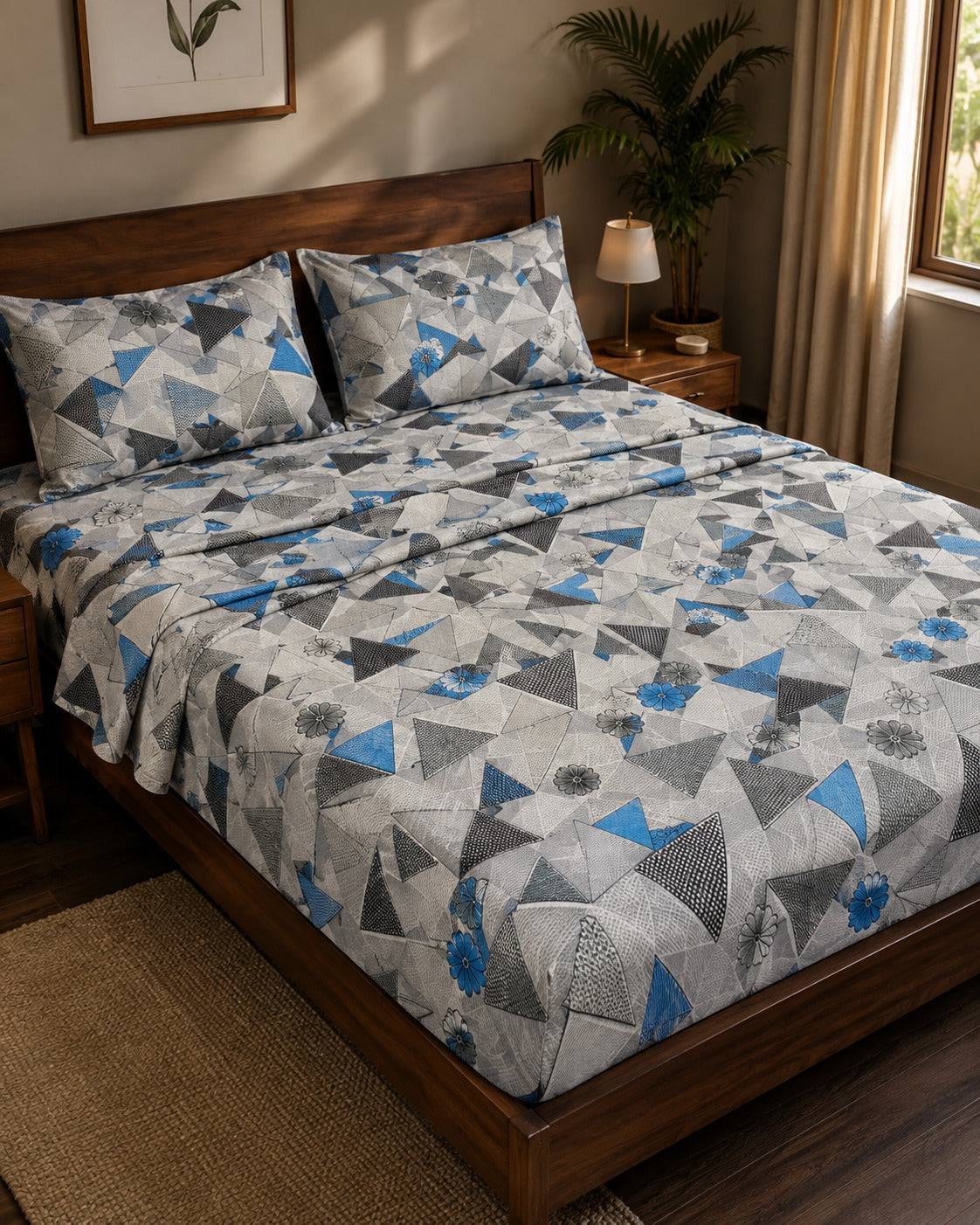 Blue Geometric Floral Bedsheet Set – Modern Abstract Print with 2 Pillow Covers