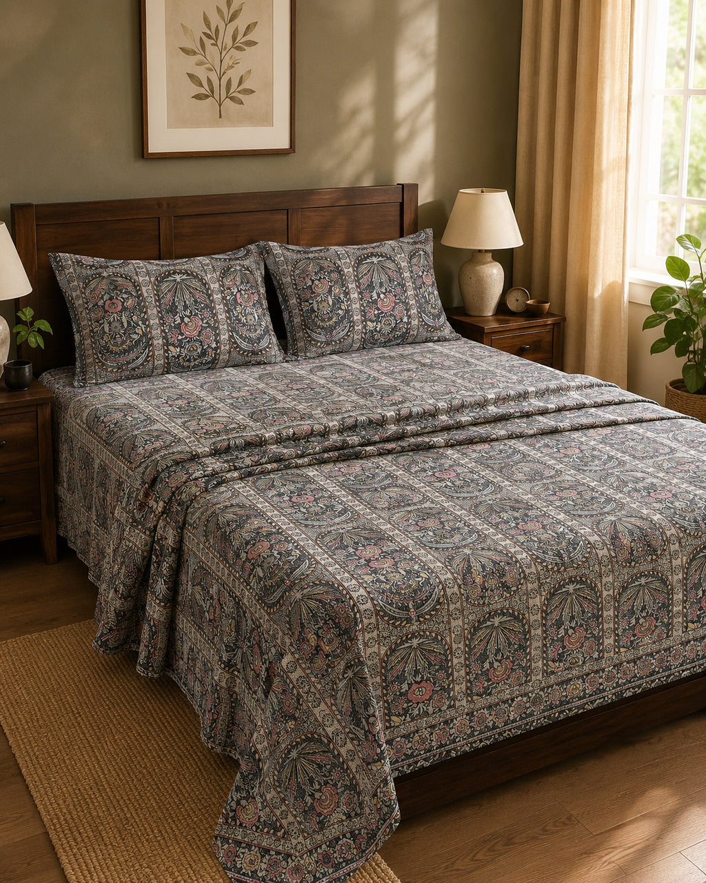 A neatly made bed in a styled bedroom setting, featuring a patterned quilt and matching pillow shams in muted blue-gray, beige, and soft pink tones. The room includes a dark wood headboard and footboard, bedside tables with lamps, a window with curtains, and a potted plant.