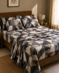 Charcoal Geo Cotton Bedsheet Set – Modern Abstract Geometric Print with 2 Pillow Covers