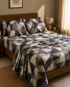 Charcoal Geo Cotton Bedsheet Set – Modern Abstract Geometric Print with 2 Pillow Covers
