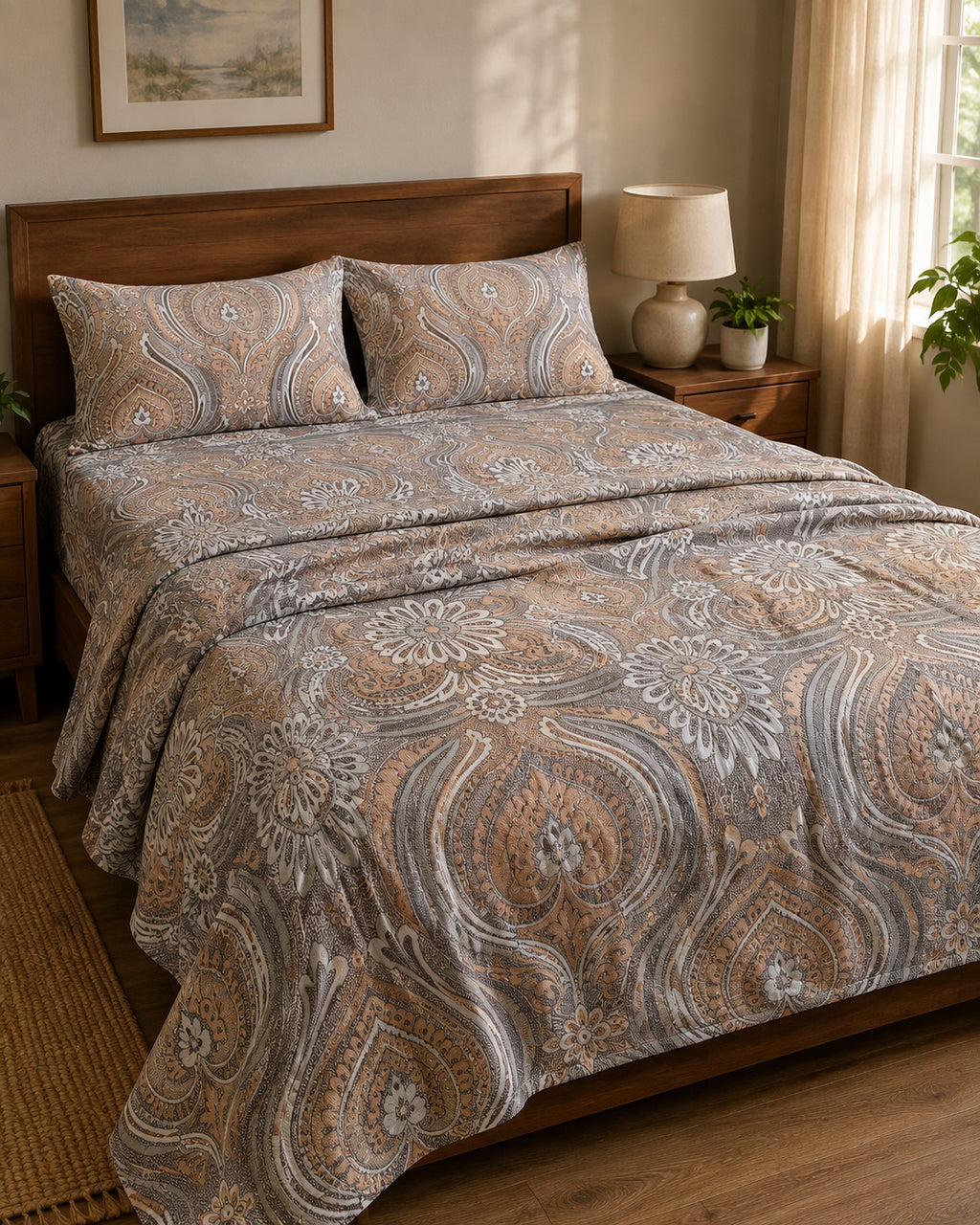 Brown Paisley Bedsheet Set – Traditional Floral Paisley Print with 2 Pillow Covers