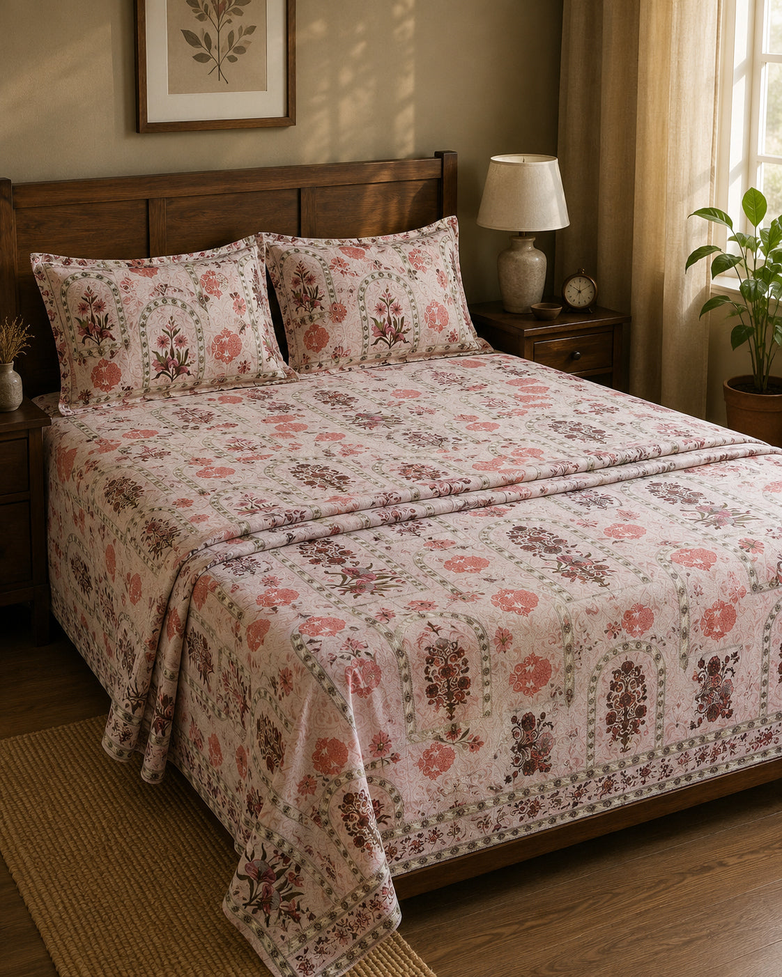 Blush Heritage Floral Cotton Bedsheet Set – Vintage Indian Print with 2 Pillow Covers