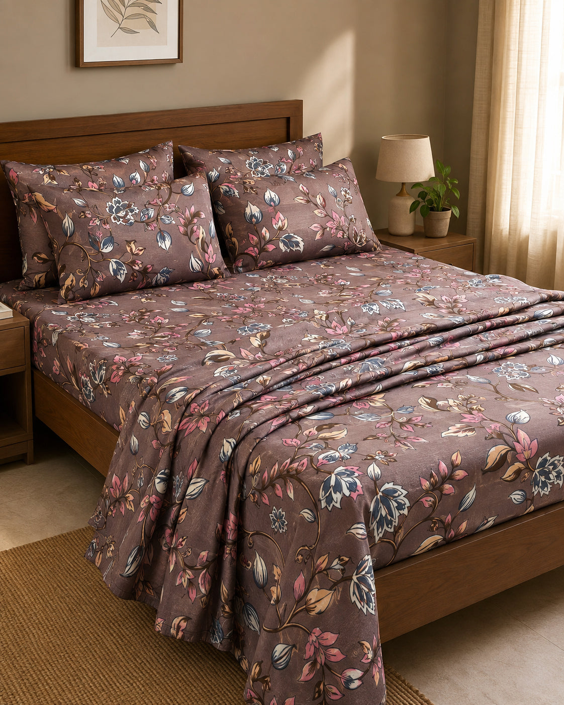 Mocha Bloom Floral Cotton Bedsheet Set – Vintage Botanical Print with 2 Pillow Covers