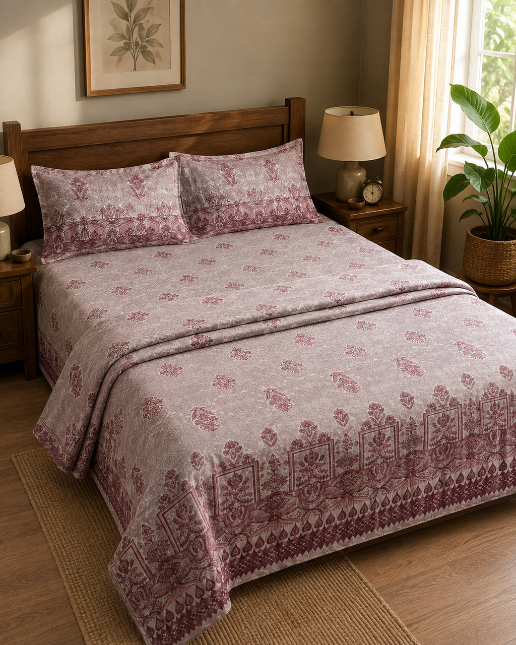 Rosewood Paisley Cotton Bedsheet Set – Vintage Paris Heritage Print with 2 Pillow Covers