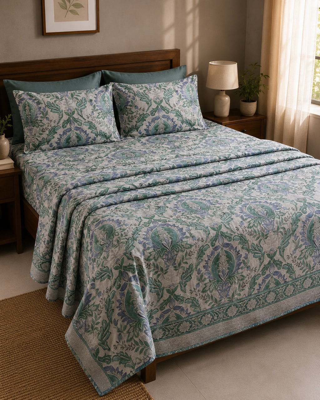 A neatly made bed in a bedroom setting, featuring a light blue and teal patterned quilt, matching pillow shams, and solid teal pillows against a dark wood headboard.