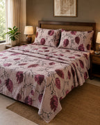 Burgundy Autumn Leaf Cotton Bedsheet Set – Vintage Botanical Print with 2 Pillow Covers