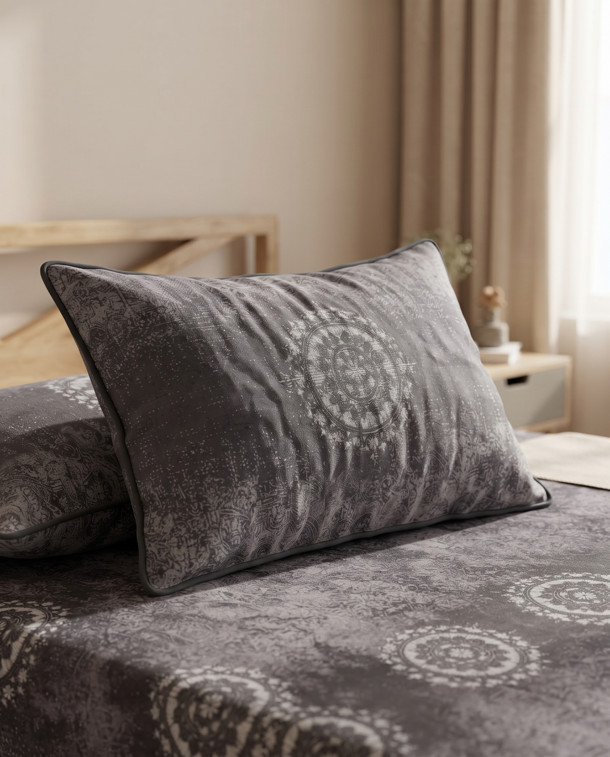 Charcoal Slate Mandala Bedsheet Set – Elegant Indian Heritage Medallion Print with 2 Pillow Covers