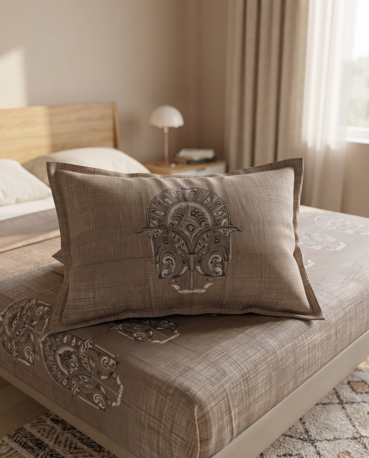 Warm Sand Beige Paisley Bedsheet Set – Elegant Indian Heritage Motif Print with 2 Pillow Covers
