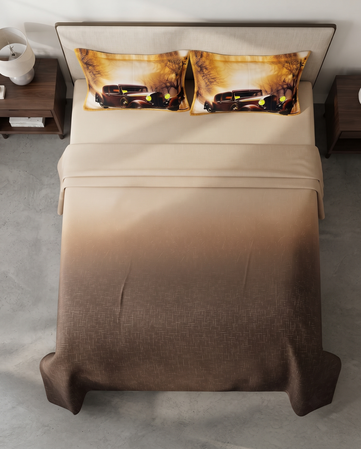 Warm Mocha Vintage Bedsheet Set – Parisian Classic Automobile Print with 2 Pillow Covers