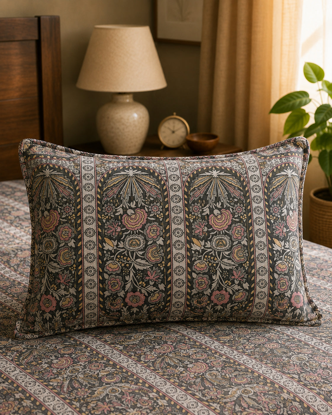 A rectangular decorative throw pillow with an intricate floral and ornamental pattern in muted pink, beige, and gray tones, resting on a matching patterned bedspread in a warmly lit bedroom setting.