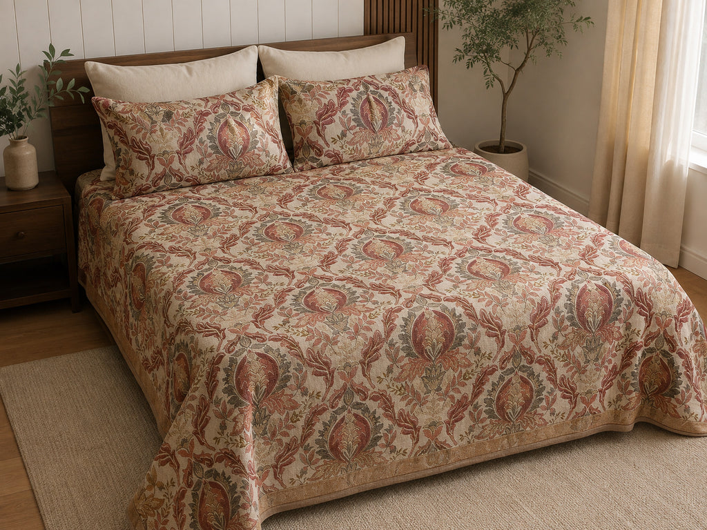 A bed dressed in a beige quilt and matching pillow shams with an ornate damask-style floral pattern in muted red, green, and brown tones, styled in a warm bedroom setting with a wooden headboard, nightstand, plants, and curtains.