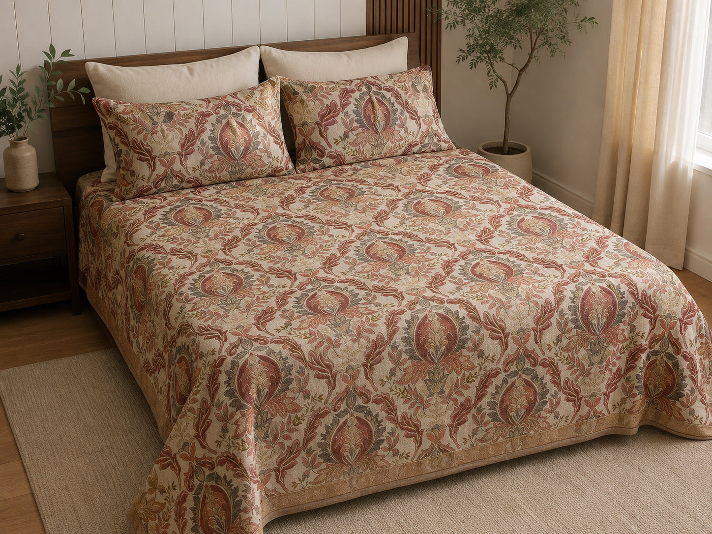 A bed dressed in a beige quilt and matching pillow shams with an ornate damask-style floral pattern in muted red, green, and brown tones, styled in a warm bedroom setting with a wooden headboard, nightstand, plants, and curtains.
