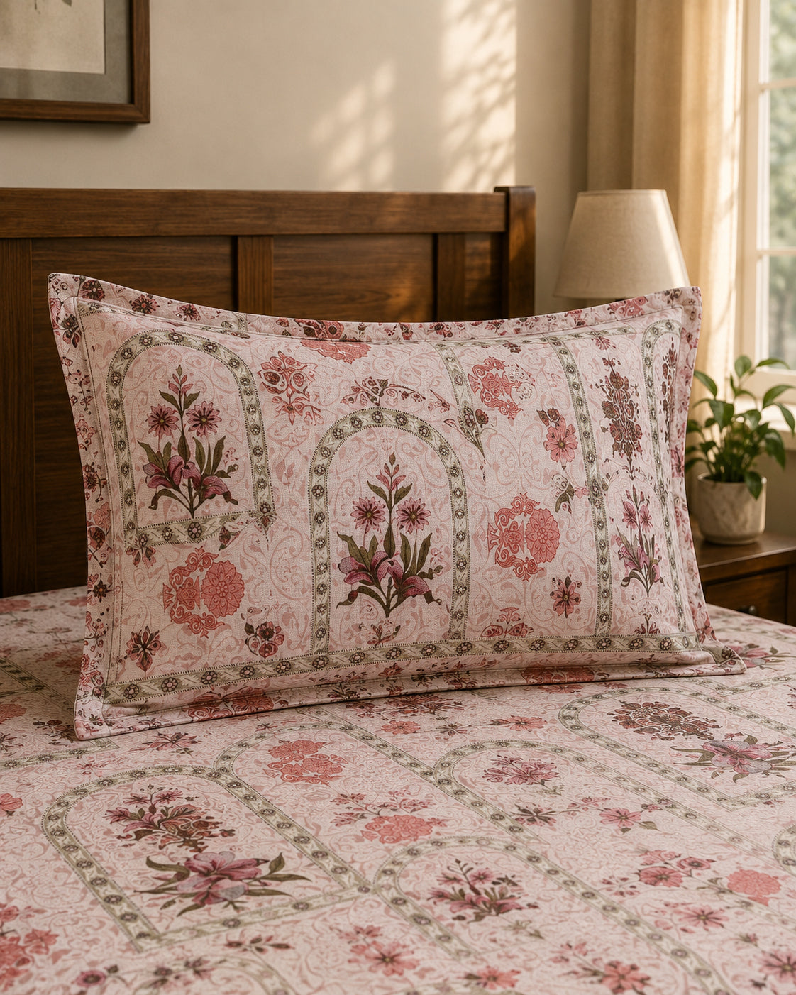 Blush Heritage Floral Cotton Bedsheet Set – Vintage Indian Print with 2 Pillow Covers