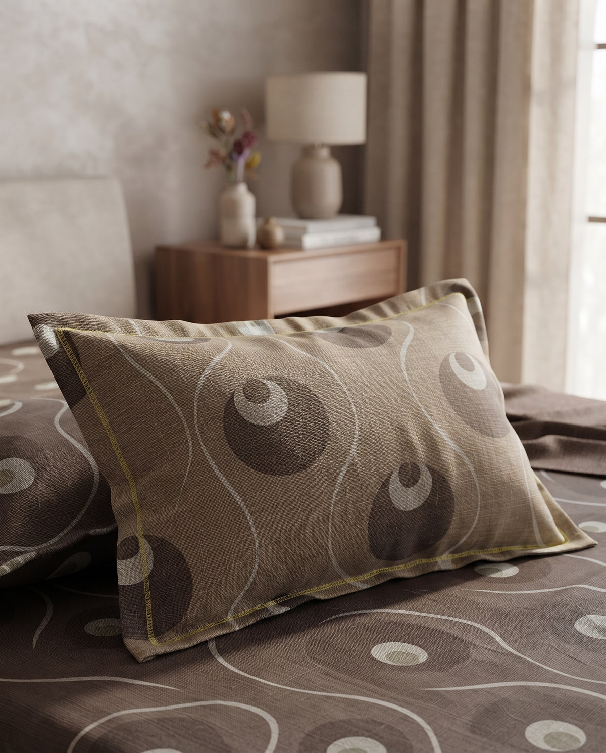 A decorative rectangular pillow with a taupe and brown abstract circular pattern, resting on a matching patterned bedspread in a softly lit bedroom setting.