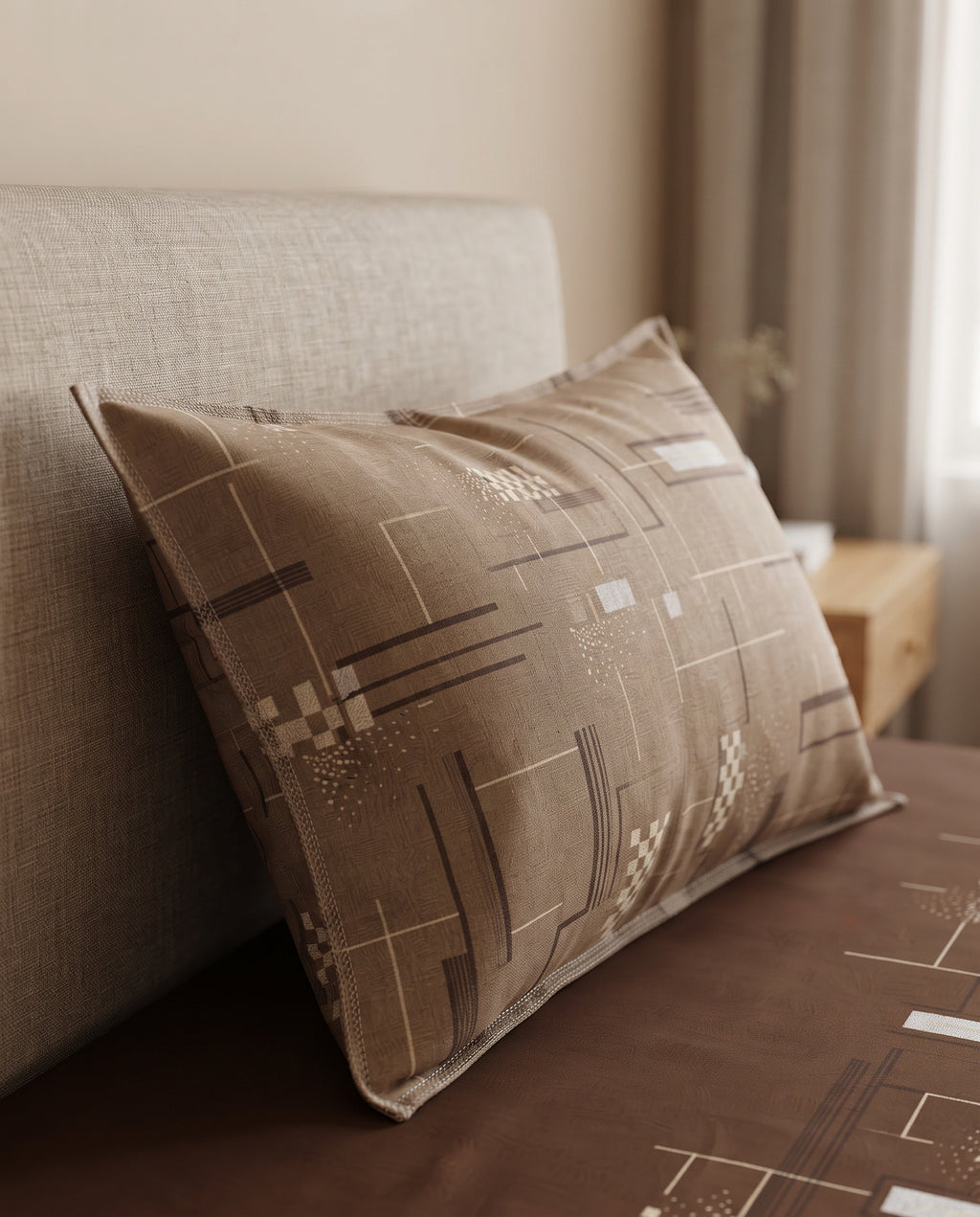 Espresso Brown Geometric Bedsheet Set – Japanese Contemporary Abstract Print with 2 Pillow Covers