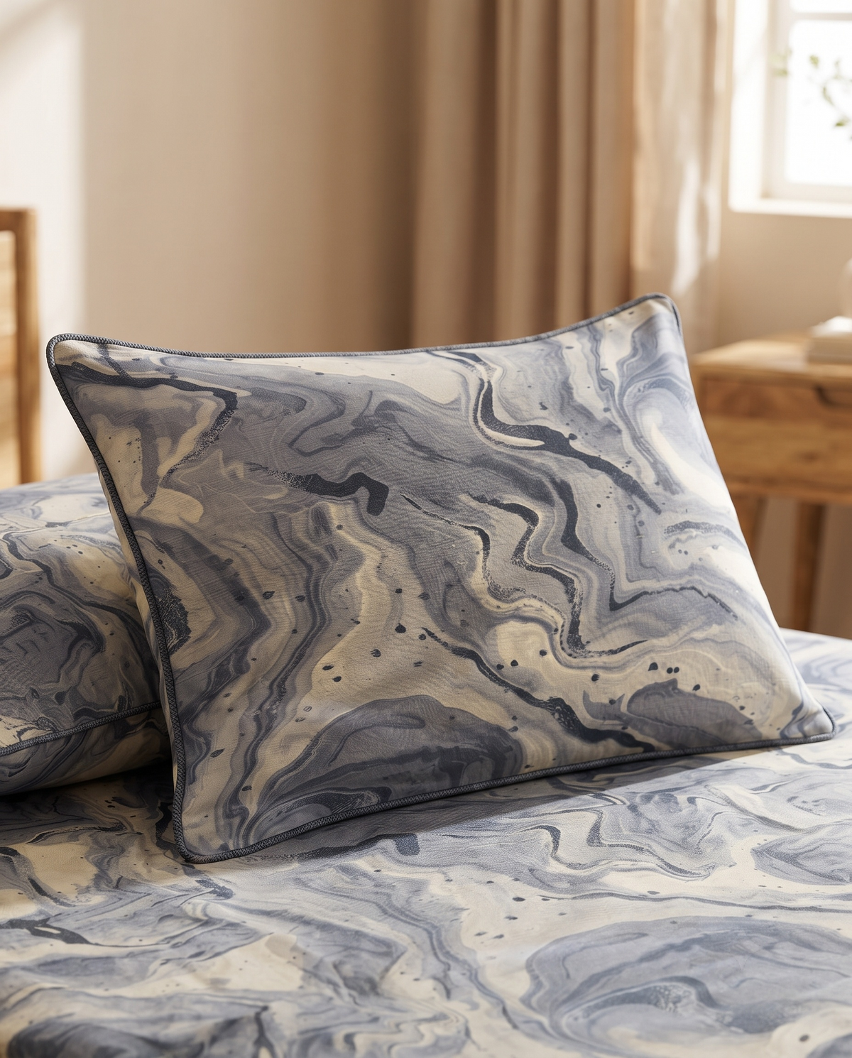 Parisian Blue Marble Premium Cotton Bedsheet Set | Abstract Marble Print with 2 Pillow Covers
