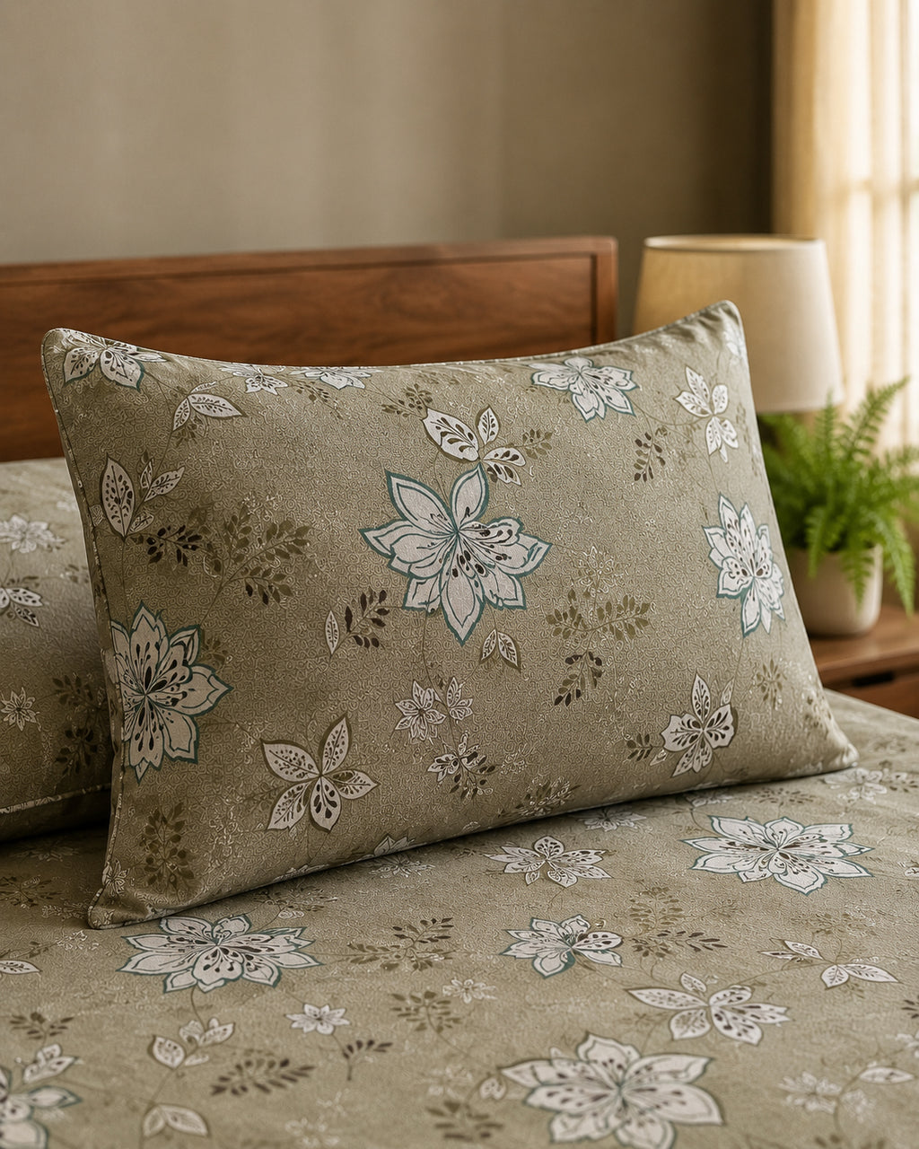 Sage Green Floral Printed Cotton Bedsheet Set with 2 Pillow Covers – Botanical Bloom