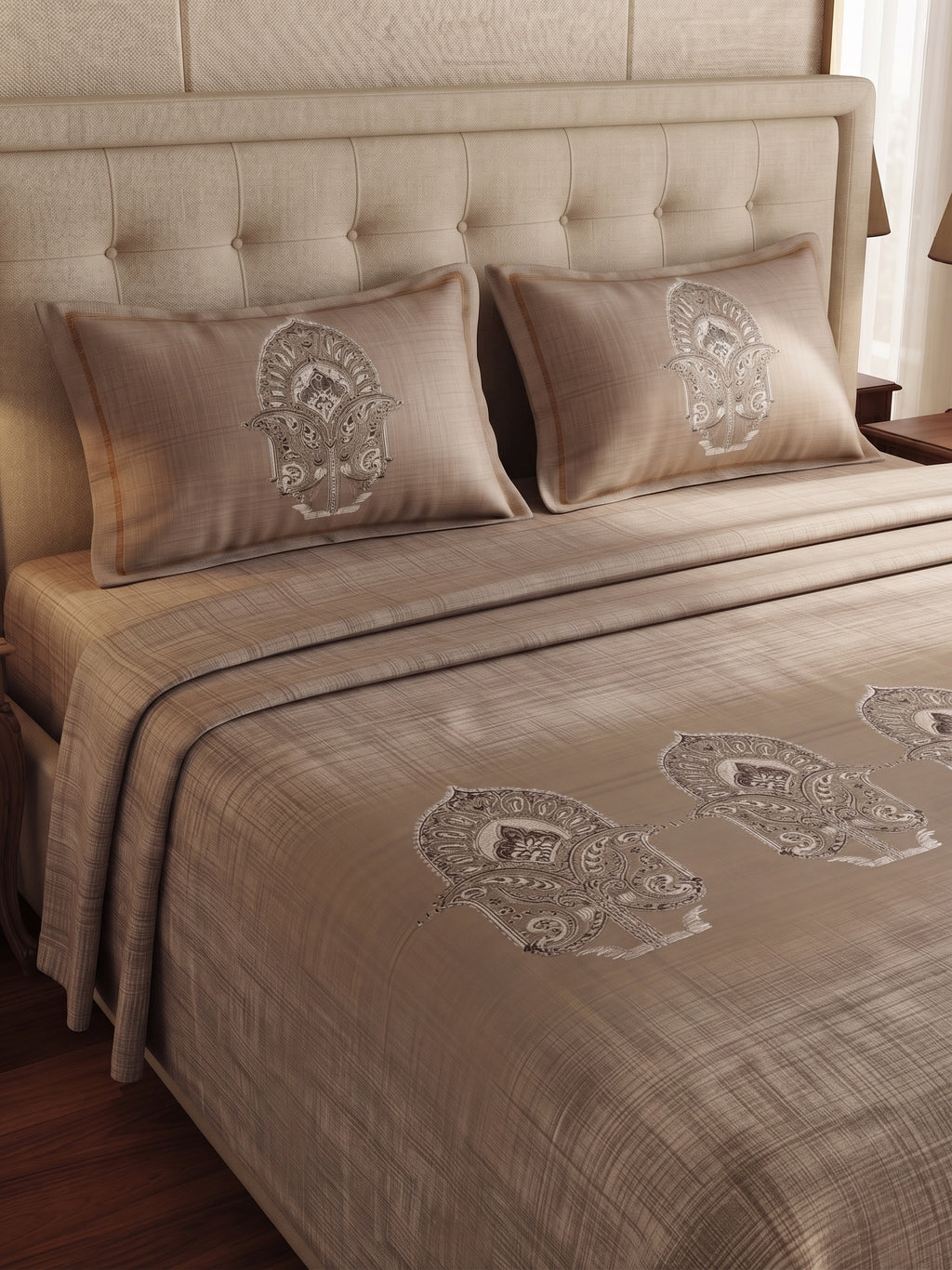 Warm Sand Beige Paisley Bedsheet Set – Elegant Indian Heritage Motif Print with 2 Pillow Covers