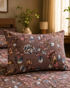 Mocha Bloom Floral Cotton Bedsheet Set – Vintage Botanical Print with 2 Pillow Covers