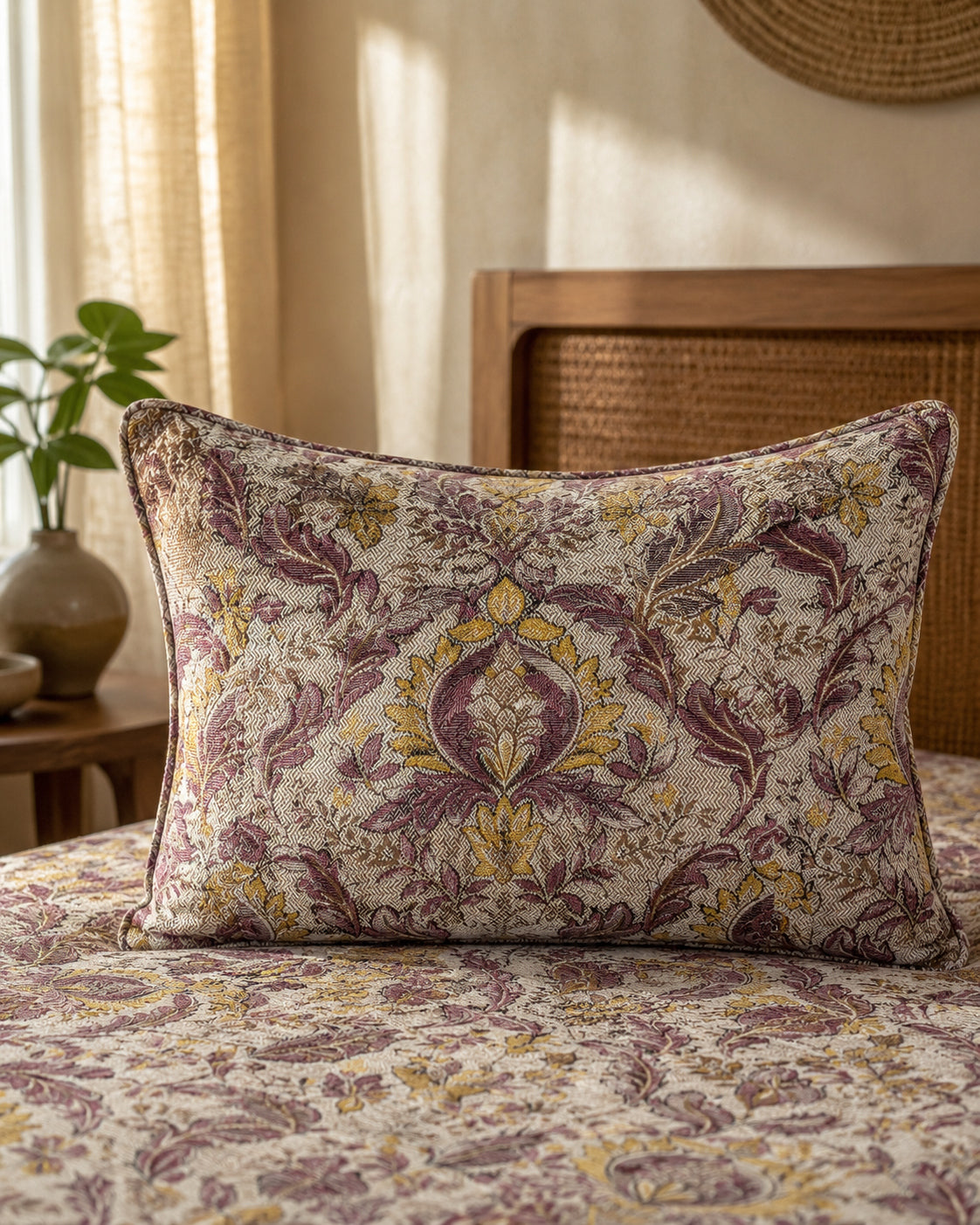 Mauve Heritage Floral Cotton Bedsheet Set – Vintage Indian Paisley Print with 2 Pillow Covers