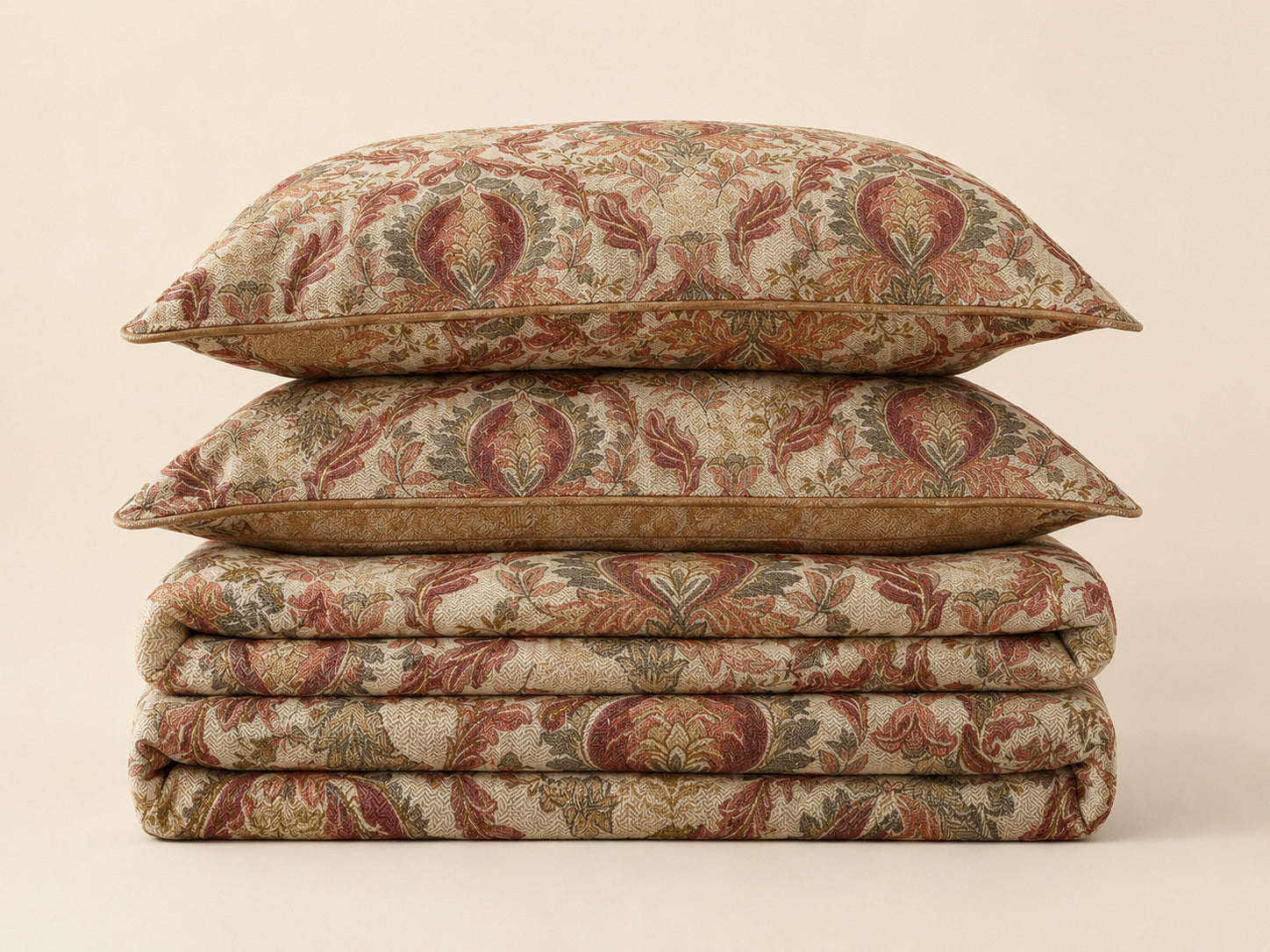 A stack of three decorative pillows and folded matching textiles with an ornate floral tapestry pattern in muted rust, beige, and olive tones, photographed on a plain warm cream background.