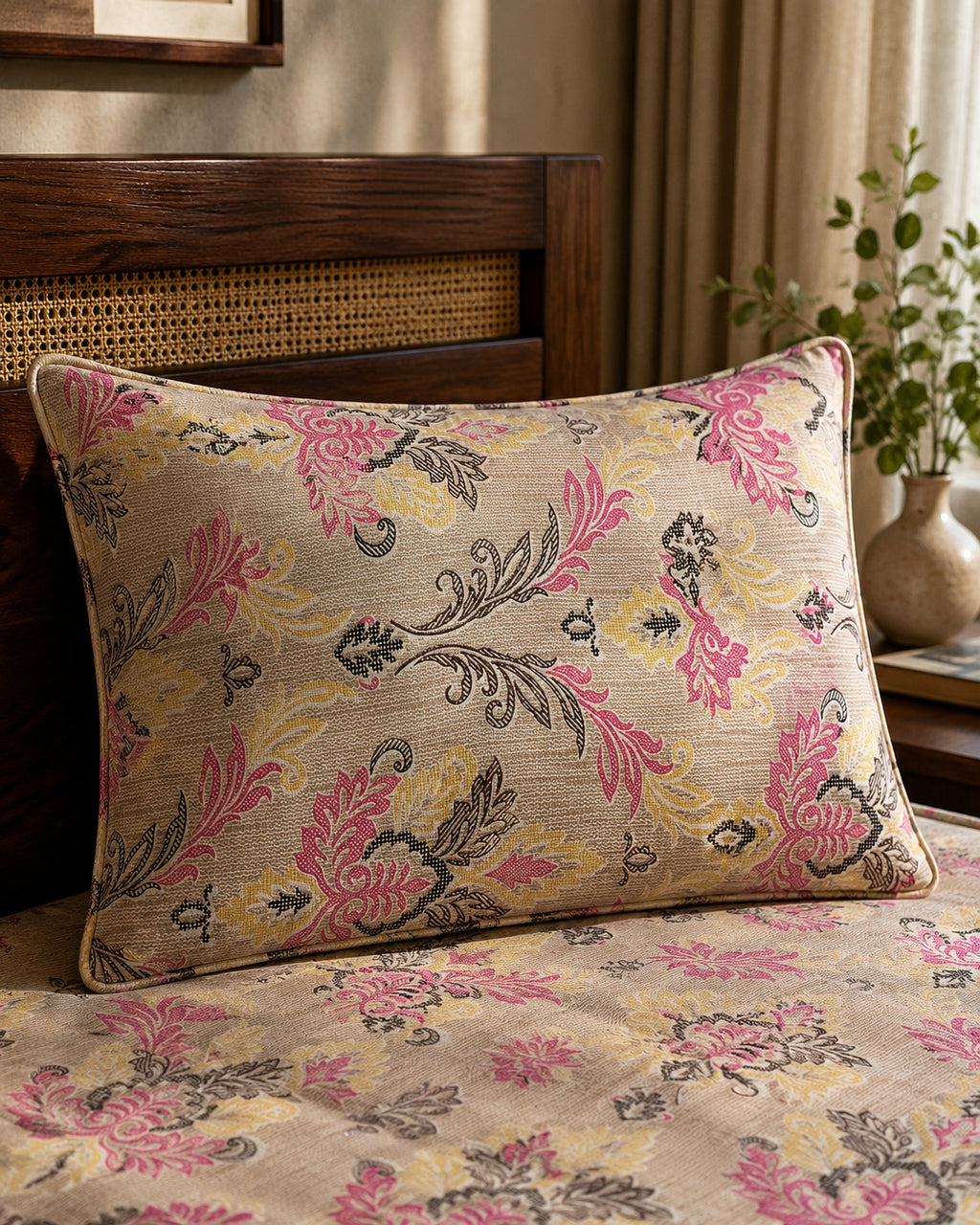 Blush Heritage Floral Cotton Bedsheet Set – Vintage Korean Print with 2 Pillow Covers
