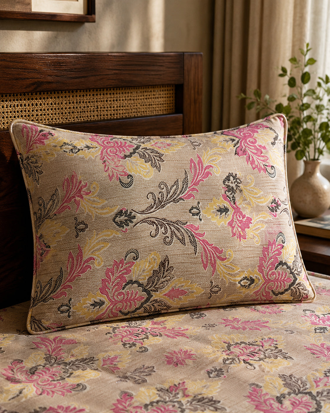 Blush Heritage Floral Cotton Bedsheet Set – Vintage Korean Print with 2 Pillow Covers