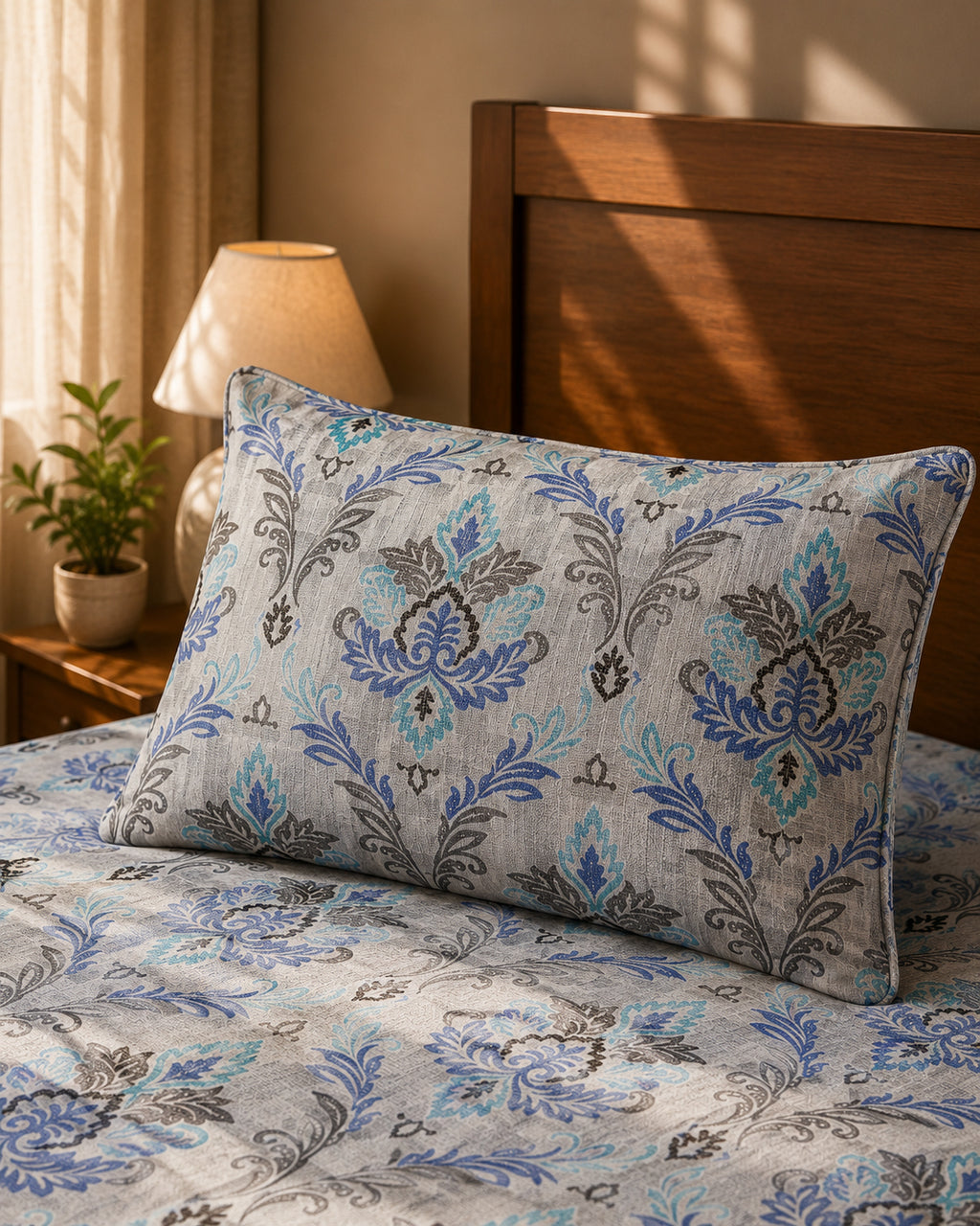 Blue Floral Heritage Bedsheet Set – Elegant Indian Motif Print with 2 Pillow Covers