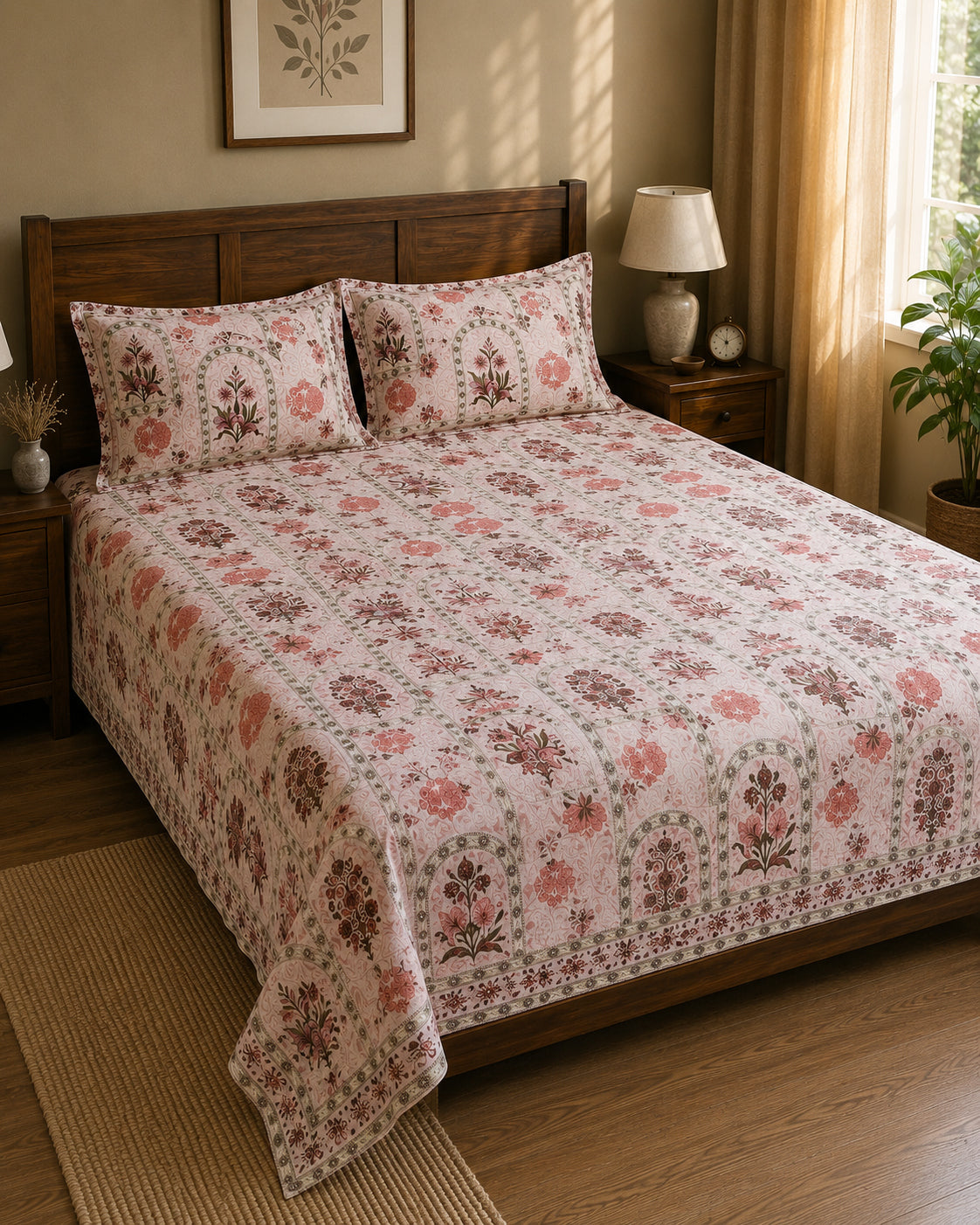 Blush Heritage Floral Cotton Bedsheet Set – Vintage Indian Print with 2 Pillow Covers