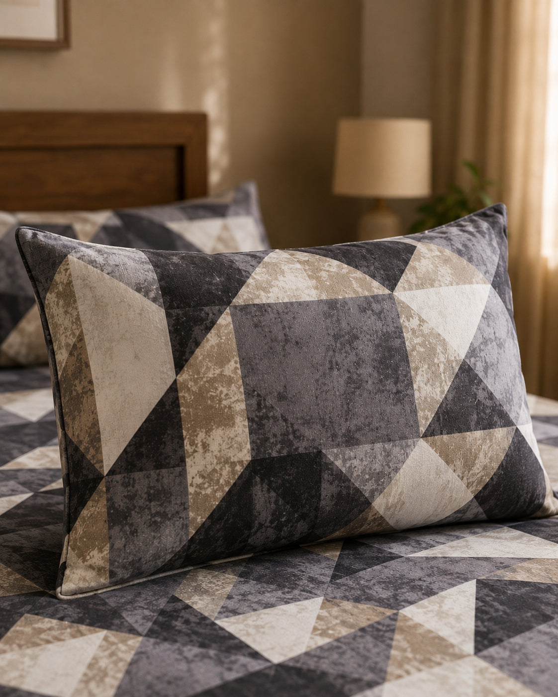 Charcoal Geo Cotton Bedsheet Set – Modern Abstract Geometric Print with 2 Pillow Covers