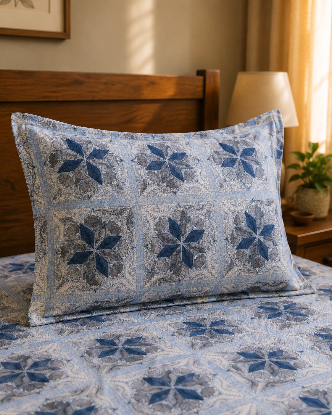 A decorative throw pillow with a blue and gray floral mosaic pattern rests on a bed with matching patterned bedding, set in a warm, sunlit bedroom.