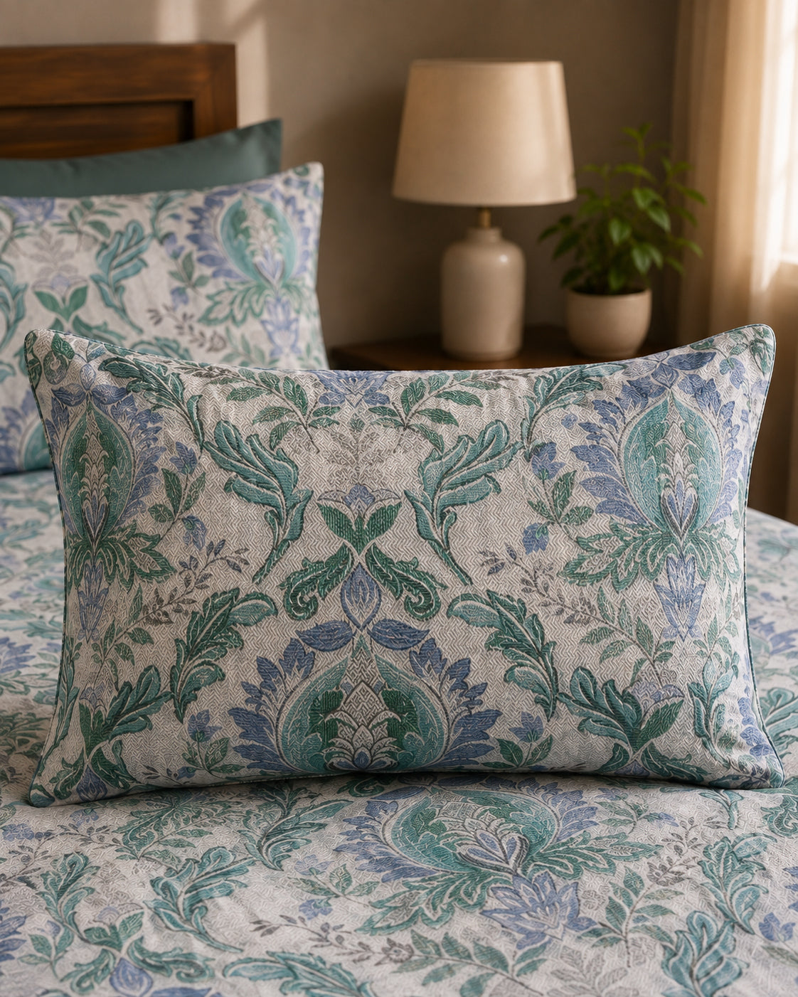 A decorative rectangular throw pillow with a blue and green damask pattern on a light beige background, styled on a bed with matching bedding in a warm, softly lit bedroom setting.