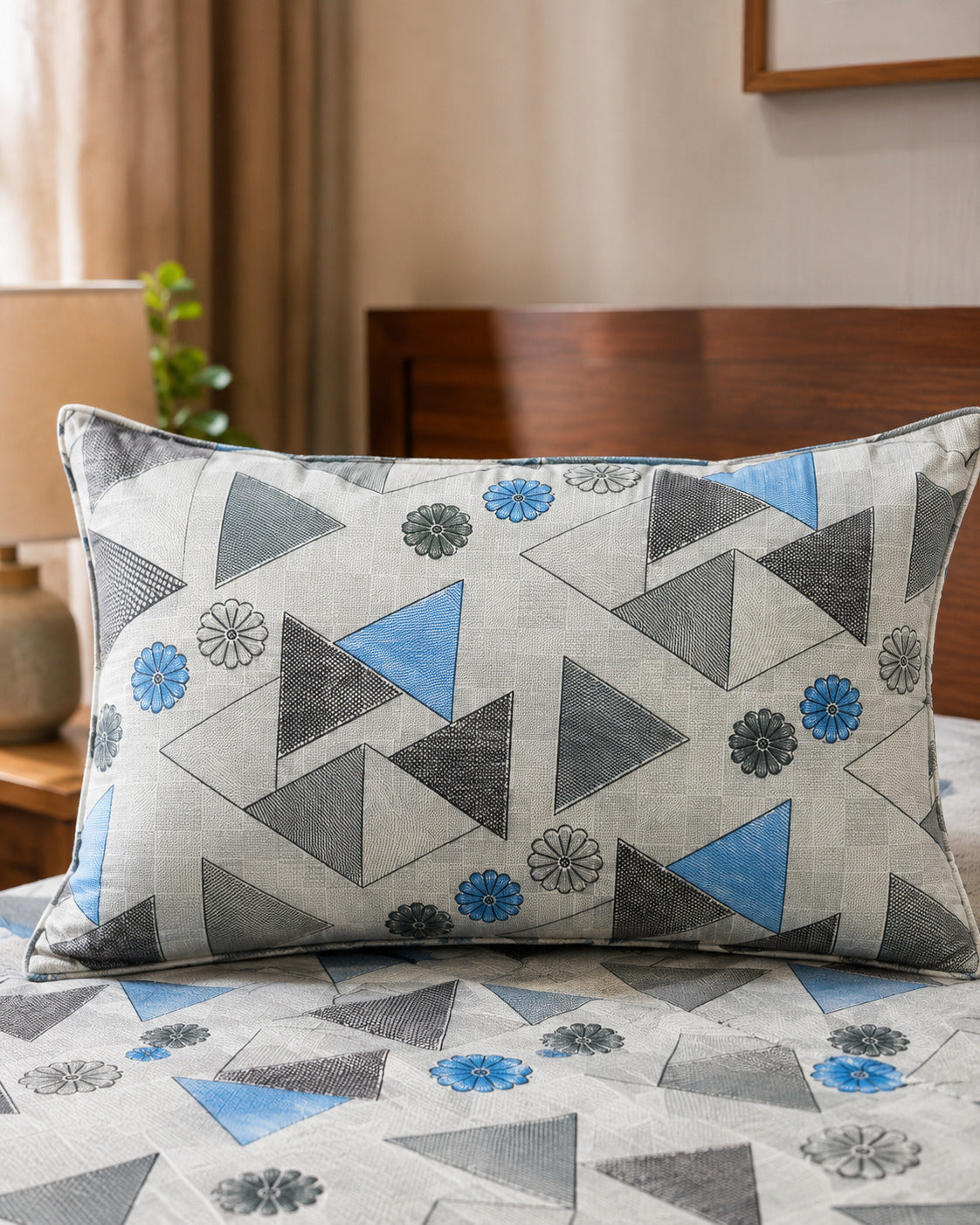 Blue Geometric Floral Bedsheet Set – Modern Abstract Print with 2 Pillow Covers