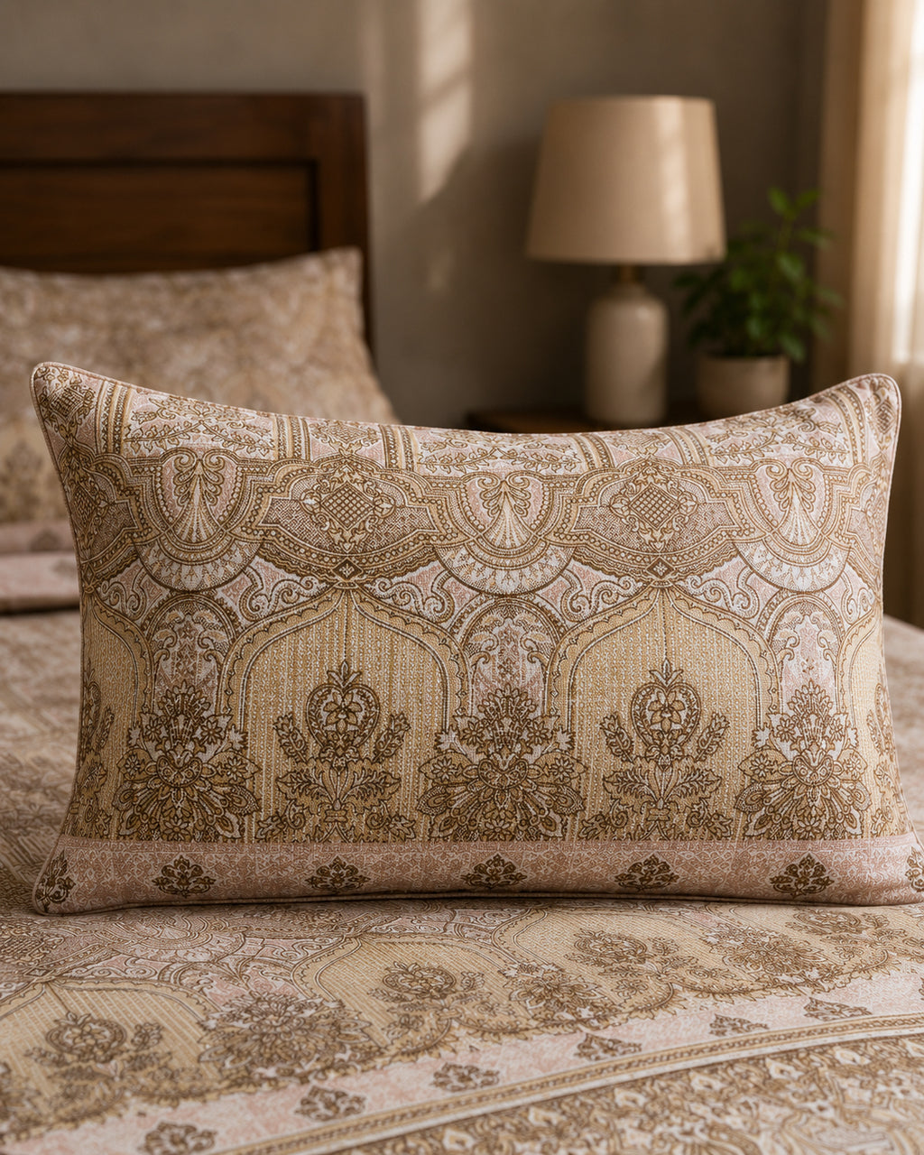 An ornate rectangular decorative pillow with an intricate beige and brown damask pattern, resting on a matching patterned bedspread in a softly lit bedroom setting.
