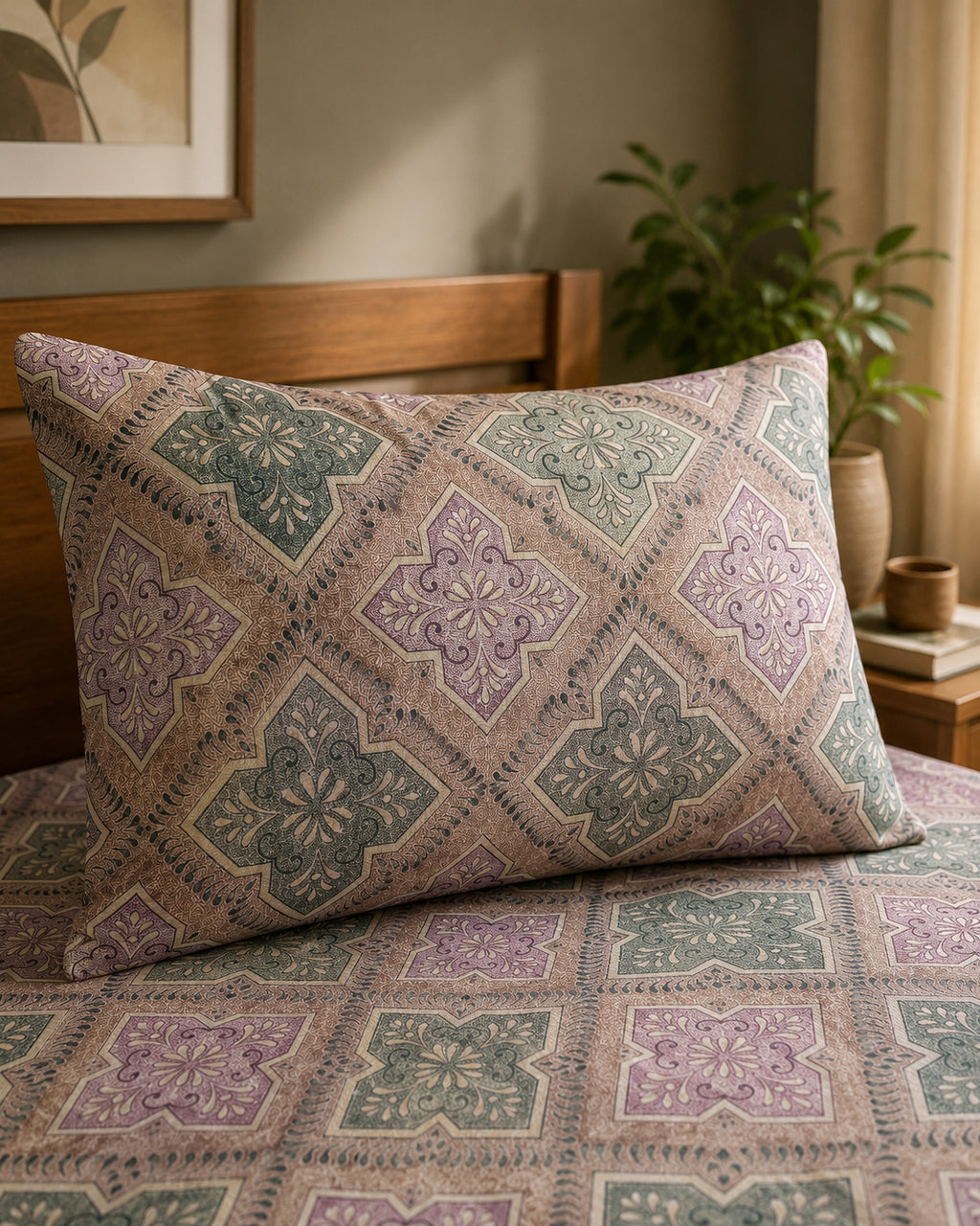 A decorative throw pillow with a matching patterned bedspread in a warm, neutral-toned bedroom setting.