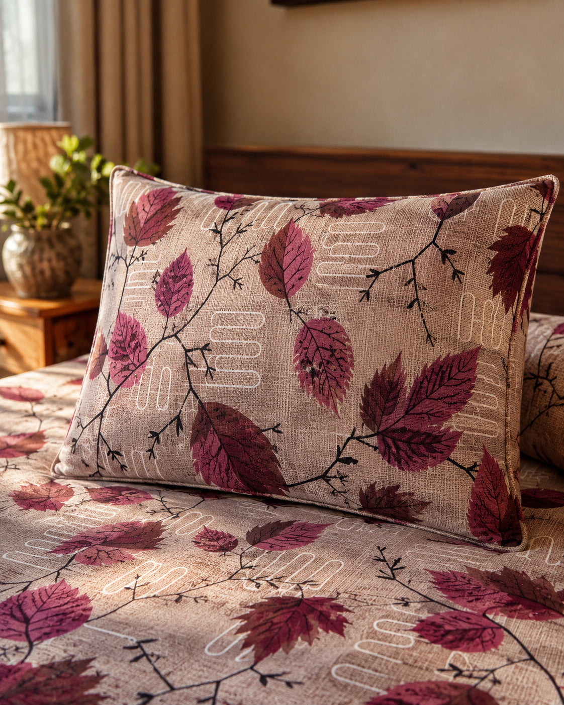 Burgundy Autumn Leaf Cotton Bedsheet Set – Vintage Botanical Print with 2 Pillow Covers