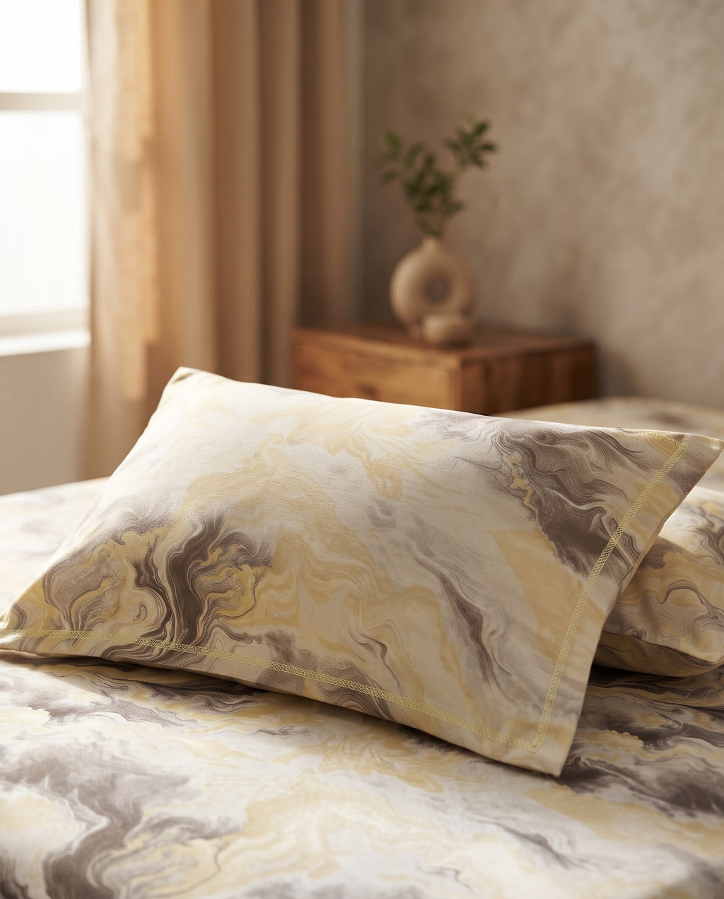 A close-up of a bed in a softly lit bedroom, featuring a pillow and matching bedding with an abstract marbled pattern in cream, beige, gray, and muted gold tones.