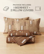 A bedding set displayed on a light wood surface against a beige wall, including two patterned pillowcases and a folded bedsheet. Text at the top reads 'PACKAGE INCLUDES 1 BEDSHEET + 2 PILLOW COVERS' with simple line icons.