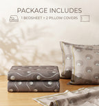 A bedding set displayed on a wooden surface against a softly lit neutral wall, including a folded bedsheet and matching pillowcases with a taupe and beige wavy dot pattern. Text at the top reads 'PACKAGE INCLUDES 1 BEDSHEET + 2 PILLOW COVERES'.