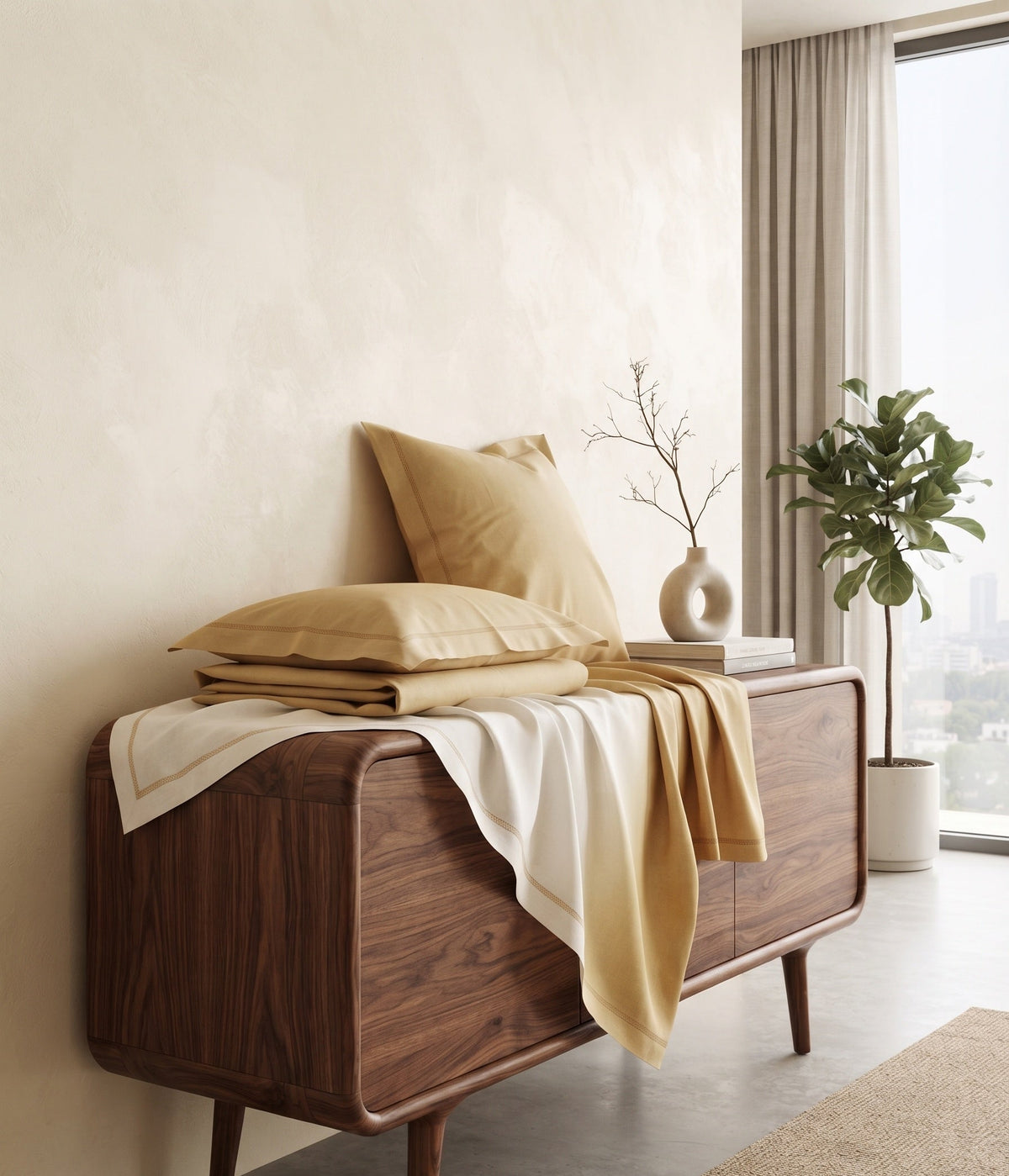 A mid-century modern wooden sideboard cabinet in a warm walnut finish, styled with gold and cream bedding, pillows, a throw blanket, a small vase with branches, and a potted plant in a bright, minimalist room.